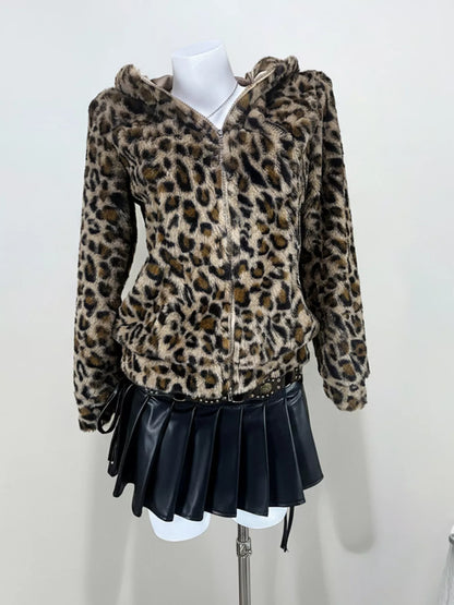 Leopard Plush Zip-Up Hooded Outerwear - Tigbul's Variety Fashion Shop