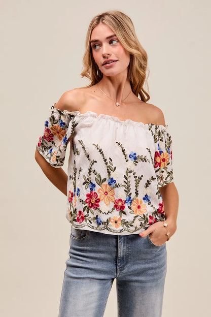 SO ME Floral Embroidered Two Way Off The Shoulder Blouse - Tigbul's Variety Fashion Shop