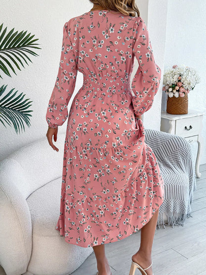 Floral Print Long Sleeve V-Neck Midi Dress - Tigbul's Variety Fashion Shop