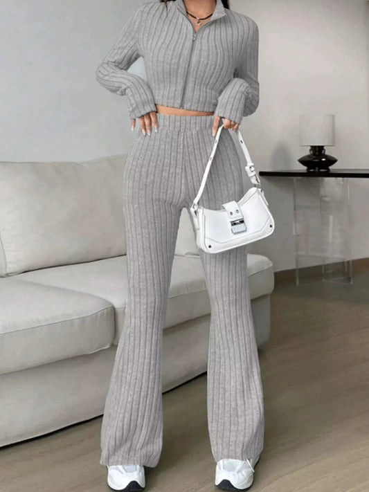 Ribbed Knit Crop Top and Flare Pants Set - Tigbul's Variety Fashion Shop