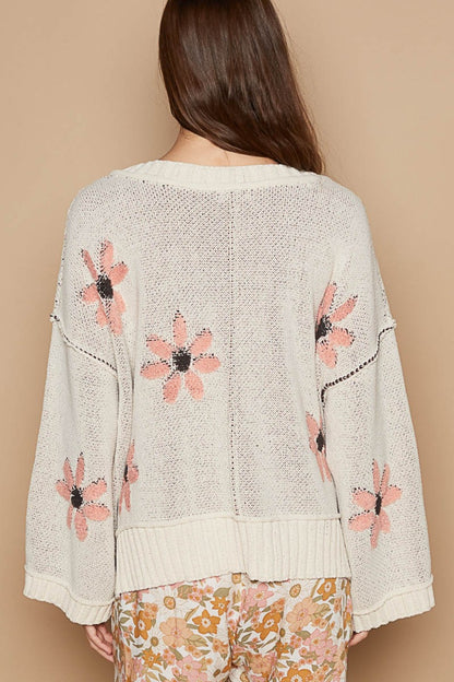 Ivory V-Neck Floral Pattern Chenille Sweater - Tigbul's Variety Fashion Shop