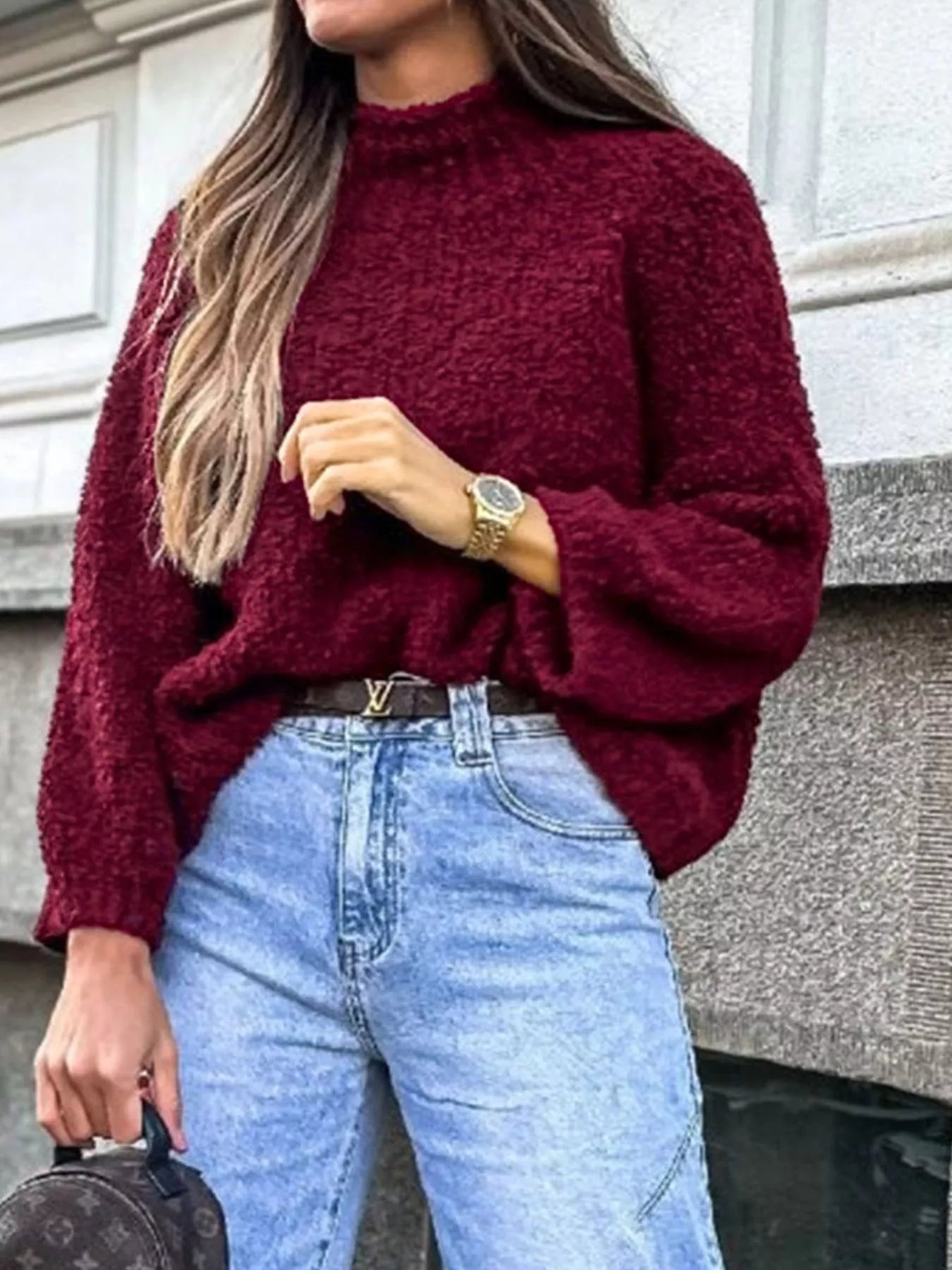 Textured Knit Mock Neck Sweater - Tigbul's Variety Fashion Shop