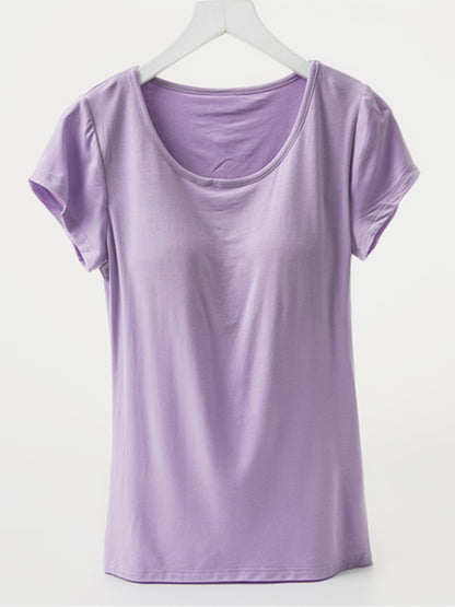 Round Neck Short Sleeve T-Shirt with Bra - Tigbul's Variety Fashion Shop