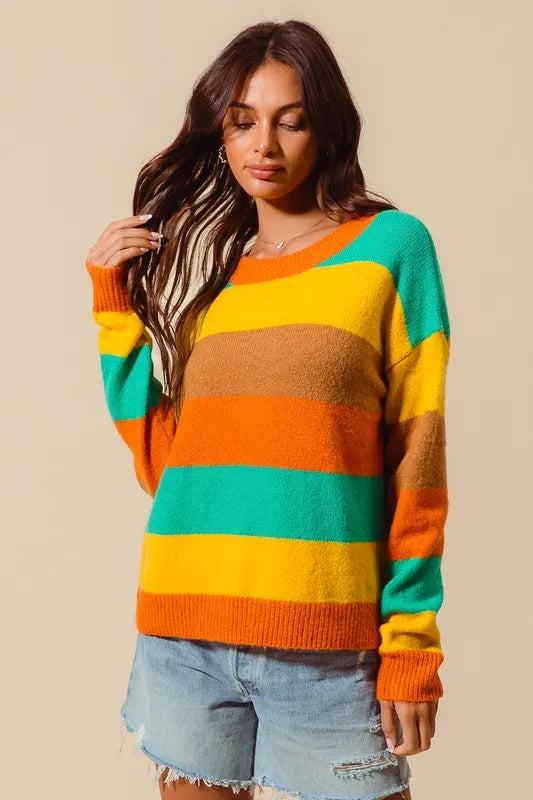 SO ME Multi Color Stripe Sweater with Ribbed Detail - Tigbul's Variety Fashion Shop