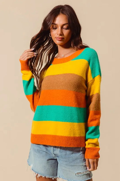 SO ME Multi Color Stripe Sweater with Ribbed Detail - Tigbul's Variety Fashion Shop