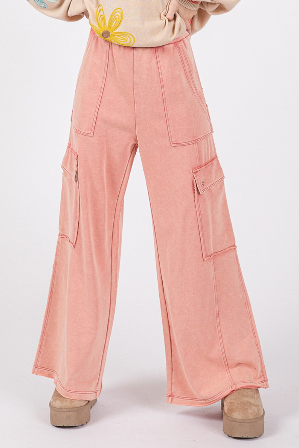 Rose Color Knit Terry Mineral Wash Wide Leg Pants - Tigbul's Variety Fashion Shop