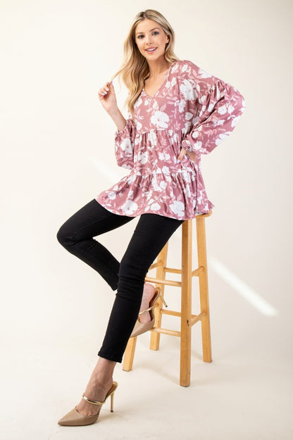 Celeste Full Size Tiered Floral V-Neck Long Sleeve Blouse - Tigbul's Variety Fashion Shop