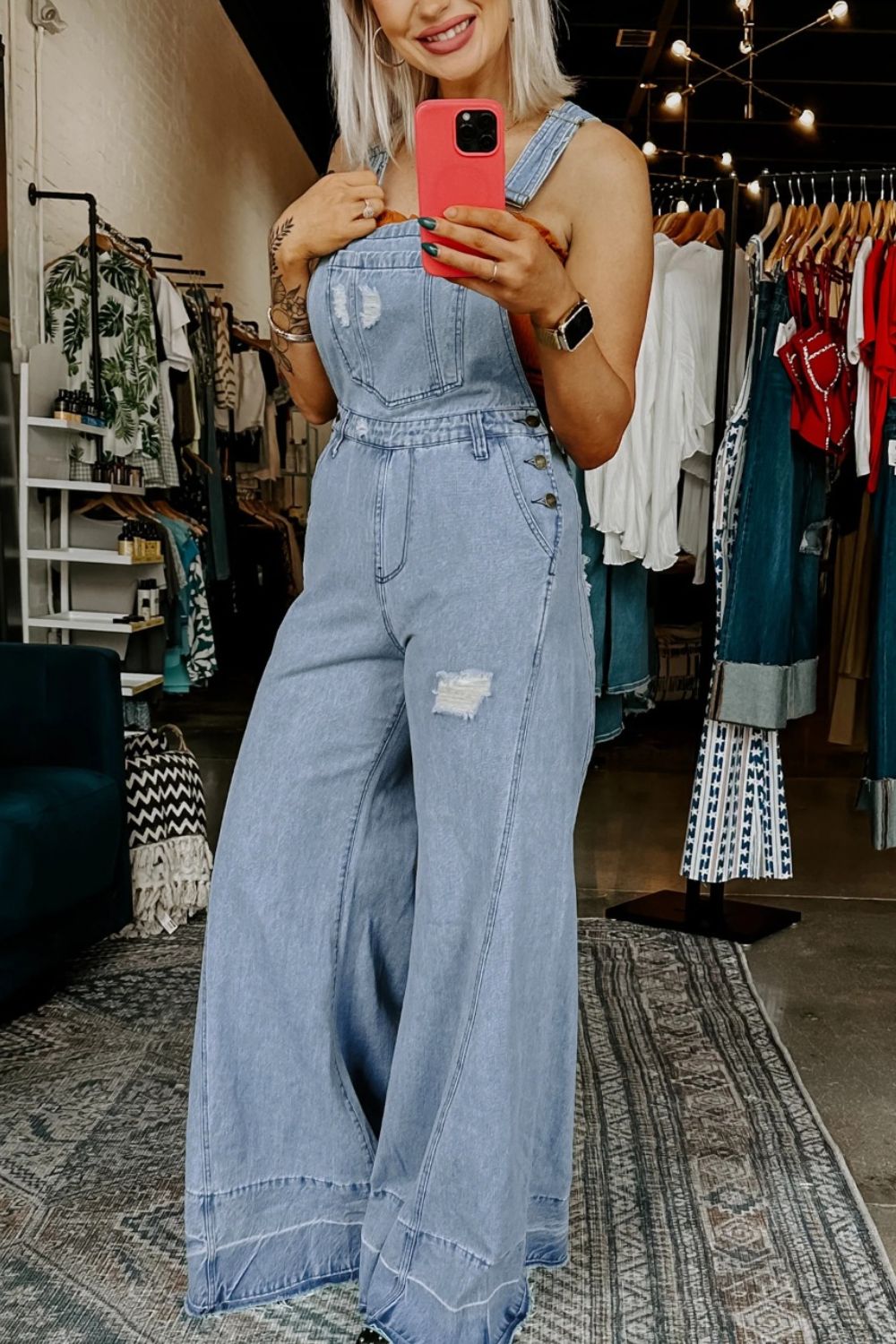 Light blue wide-leg denim overalls, over-bib front with square chest pocket