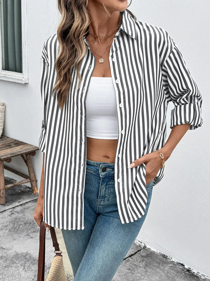 Striped Oversized Button-Up Shirt - Tigbul's Variety Fashion Shop