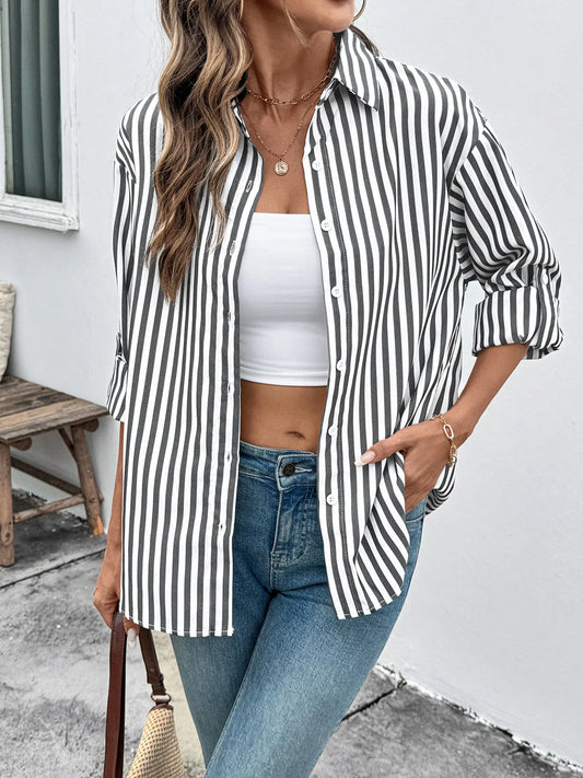 Striped Oversized Button-Up Shirt - Tigbul's Variety Fashion Shop