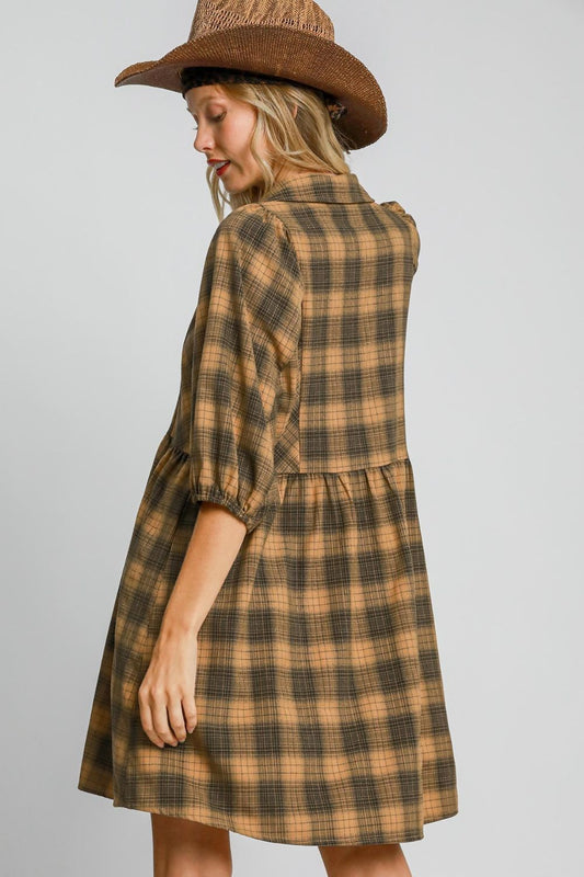 Umgee Full Size Plaid Button Front Collared Neck Mini Shirt Dress Plus Size - Tigbul's Variety Fashion Shop