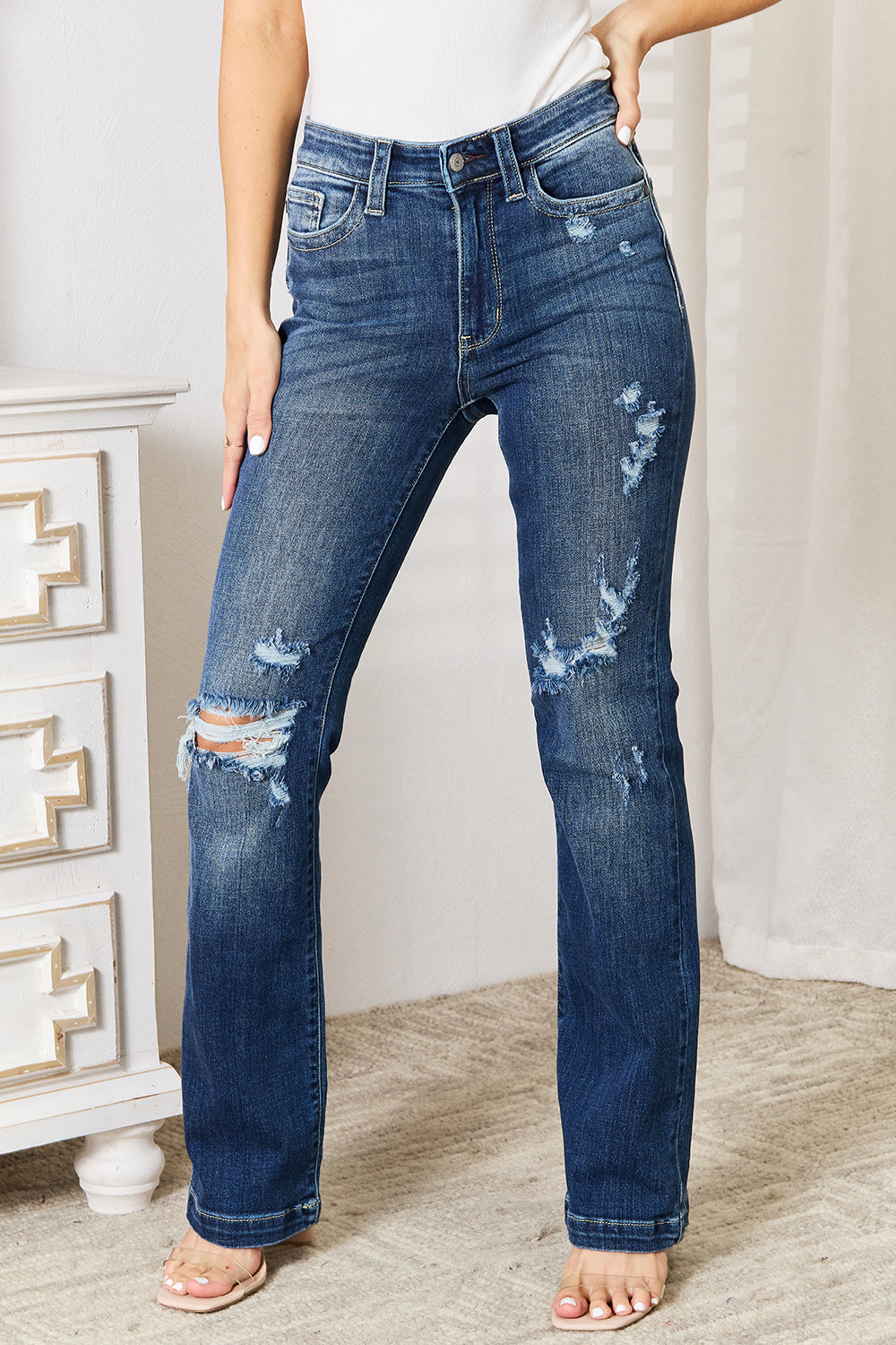 Judy Blue Full Size Mid Rise Hand Sand & Destroy Bootcut Jeans - Tigbul's Variety Fashion Shop