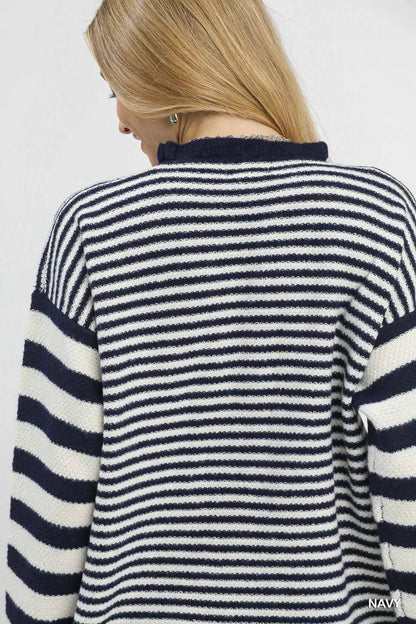 Umgee Ruffle Neck Stripe Sweater - Tigbul's Variety Fashion Shop