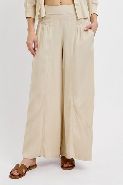 Tan Shirring Detail Wide Leg Pants - Tigbul's Variety Fashion Shop