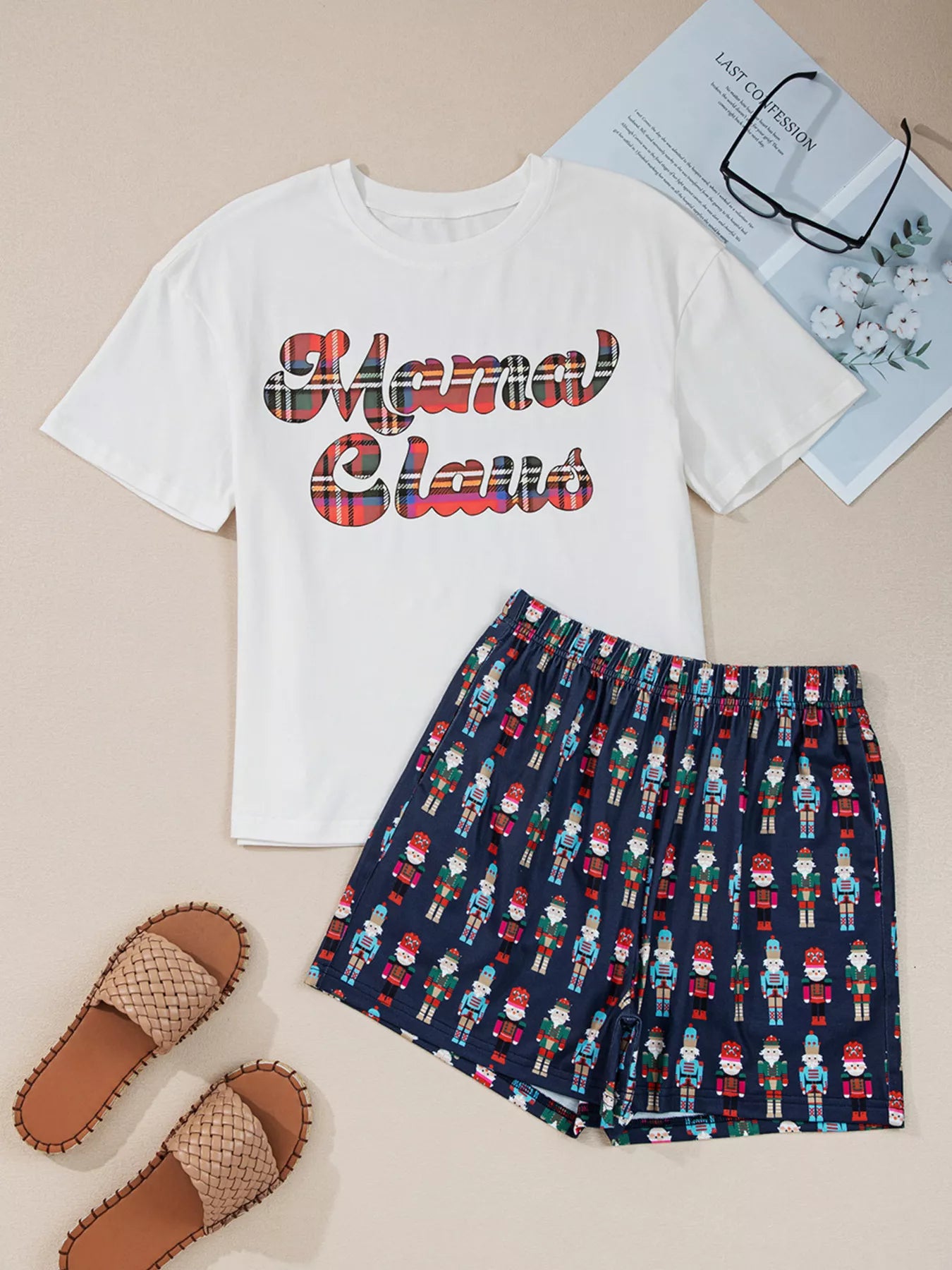 Mama Claus Plaid Letter Tee and Nutcracker Shorts 2pcs Lounge Set - Tigbul's Variety Fashion Shop