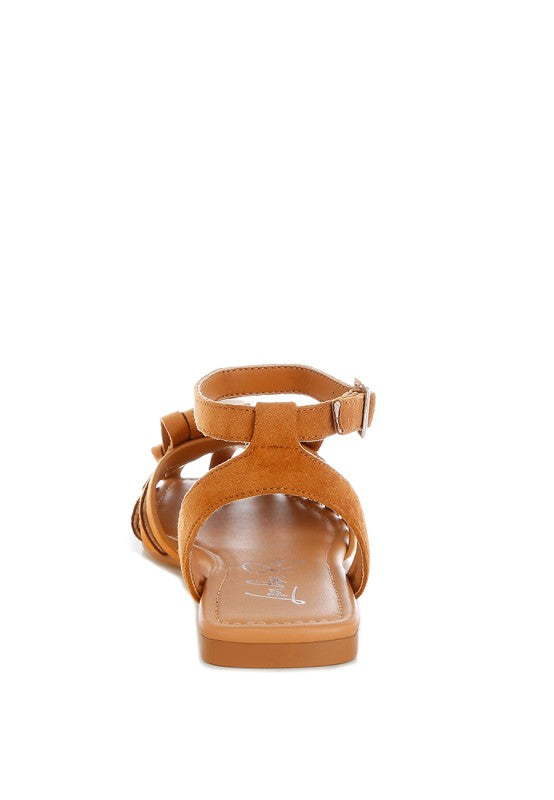Tan cutwork flat sandals with ankle strap and cushioned footbed