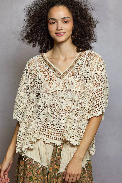 POL V-Neck Crochet Top with Scalloped Hem - Tigbul's Variety Fashion Shop