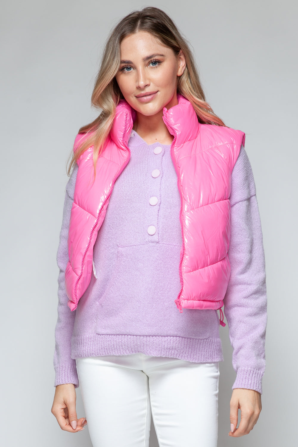 Hot Pink Zip Up Turtleneck Shiny Quilted Vest - Tigbul's Variety Fashion Shop