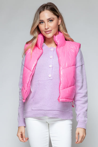 Hot Pink Zip Up Turtleneck Shiny Quilted Vest - Tigbul's Variety Fashion Shop