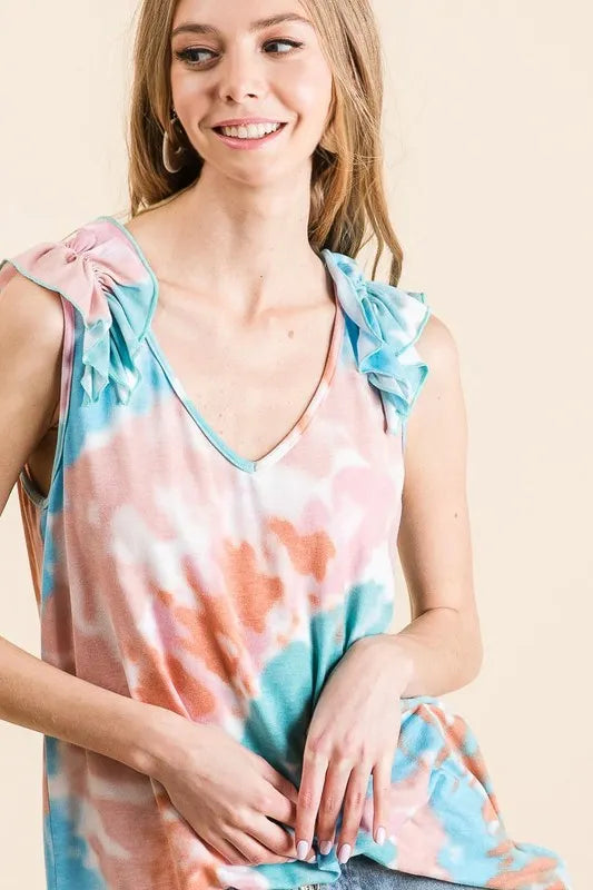 Circular Tie Dye Knit V Neck Top With Ruffle - Tigbul's Variety Fashion Shop