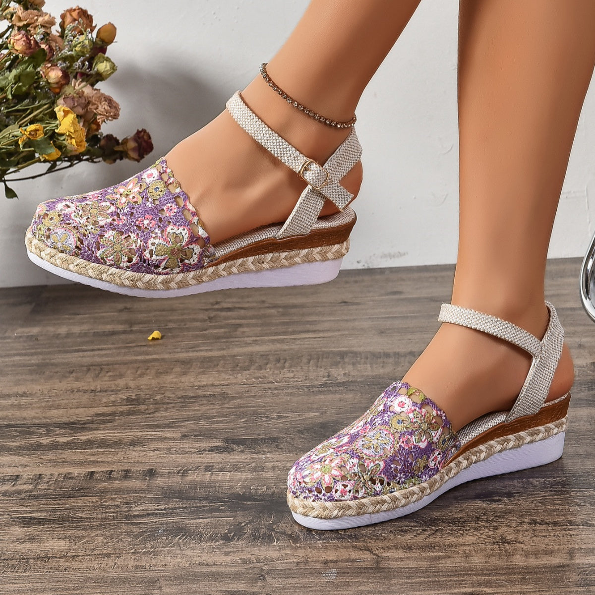 Purple floral ankle-strap espadrille with textured print toe and rope-wrapped sole
