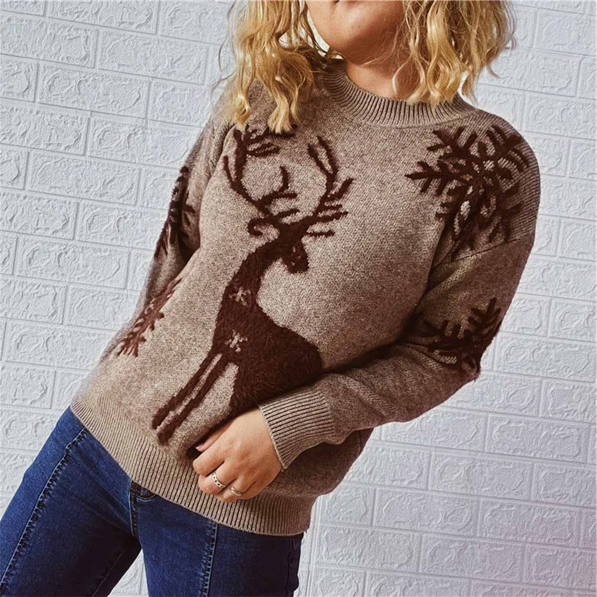 Reindeer and Snowflake Pattern Sweater - Tigbul's Variety Fashion Shop