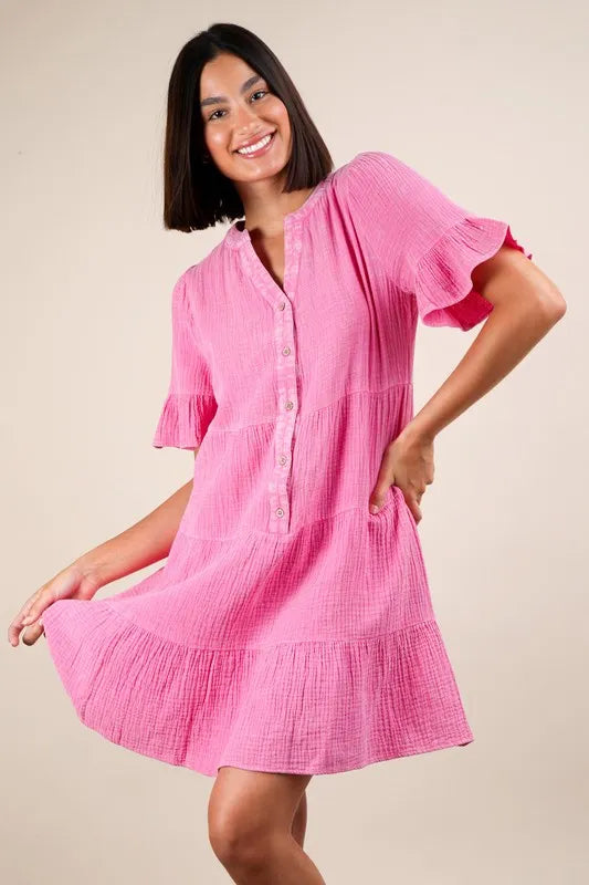 Pink Plus Size Mineral Washed Woven Mini Dress - Tigbul's Variety Fashion Shop