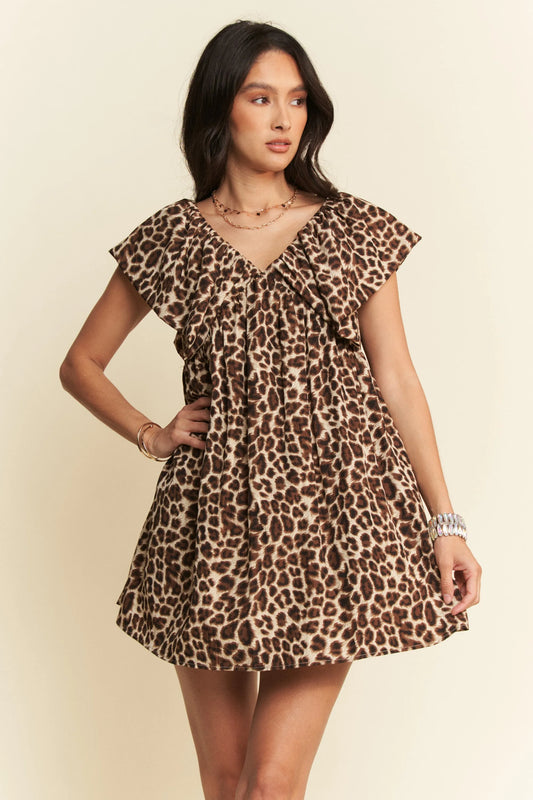 Animal Printed Velvet Ribbon Brown Mini Dress - Tigbul's Variety Fashion Shop