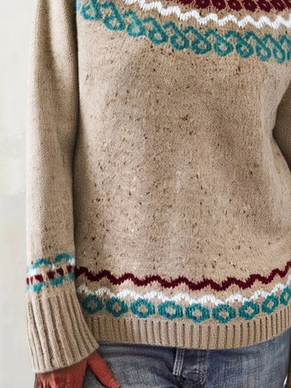 Full Size Vintage Patterned Round Neck Sweater Plus Size - Tigbul's Variety Fashion Shop