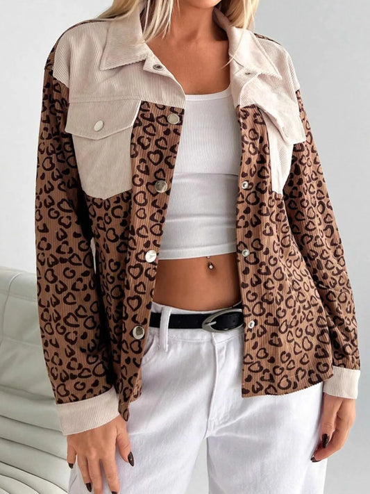 Leopard Long Sleeve Jacket with Chest Pockets - Tigbul's Variety Fashion Shop