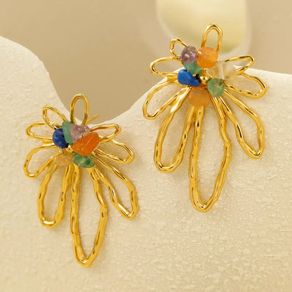 18K Gold-Plated Natural Stone Flower Earrings - Tigbul's Variety Fashion Shop