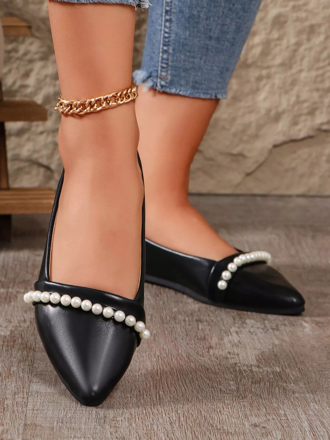 Pearl Embellished Pointed Toe Loafers - Tigbul's Variety Fashion Shop