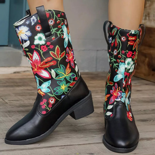 Floral Block Heel Boots - Tigbul's Variety Fashion Shop