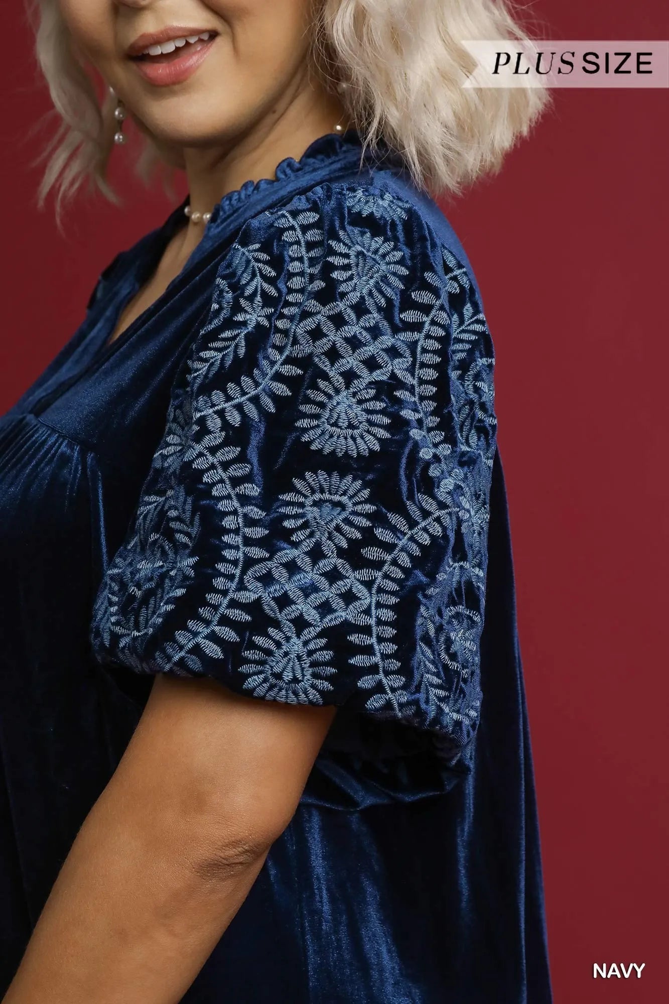 Umgee Full Size Velvet Embroidered Sleeve Blouse Plus Size - Tigbul's Variety Fashion Shop