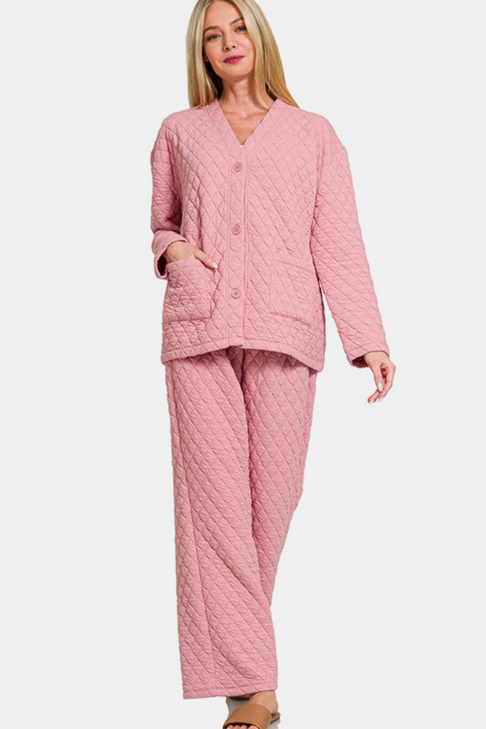 Zenana Quilted Button Up Long Sleeve Top and Pants Lounge Set - Tigbul's Variety Fashion Shop