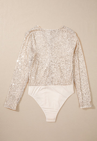 Size Small Ivory Sequin Surplice Long Sleeve Bodysuit - Tigbul's Variety Fashion Shop