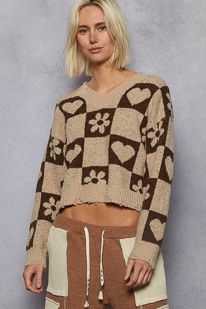 POL V-Neck Heart Pattern Checkered Sweater - Tigbul's Variety Fashion Shop
