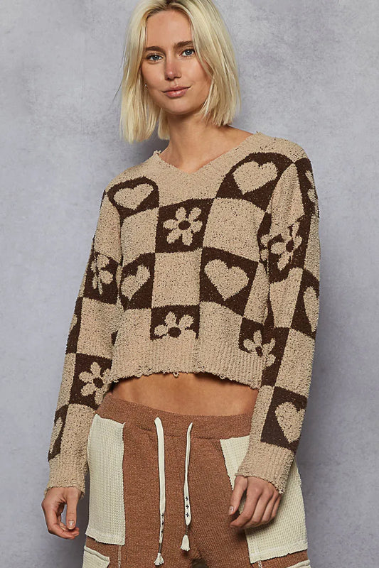 POL V-Neck Heart Pattern Checkered Sweater - Tigbul's Variety Fashion Shop