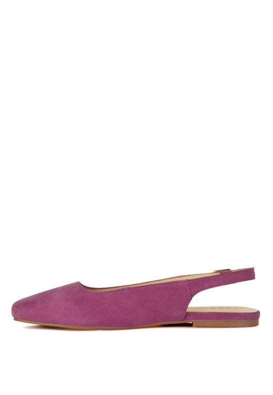 Fuchsia suede slingback flats, profile view with adjustable buckle strap