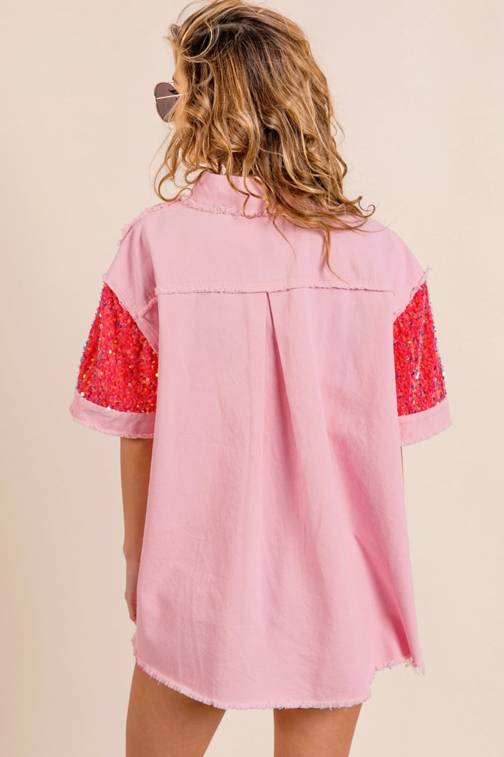 BiBi Sequin Detail Raw Hem Short Sleeve Shirt - Tigbuls Variety Fashion