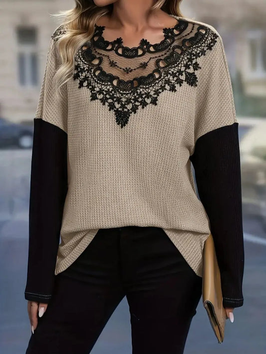Contrast Lace Round Neck Long Sleeve T-Shirt - Tigbul's Variety Fashion Shop