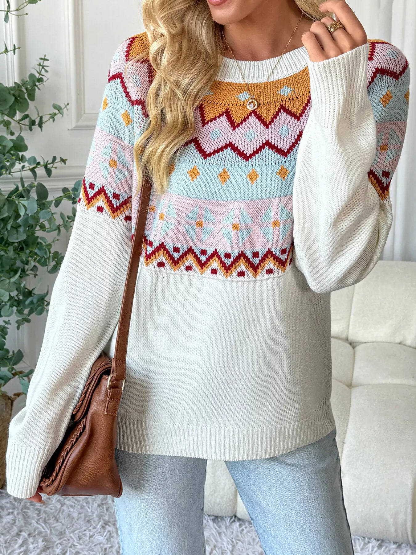 Contrast Round Neck Long Sleeve Sweater - Tigbul's Variety Fashion Shop