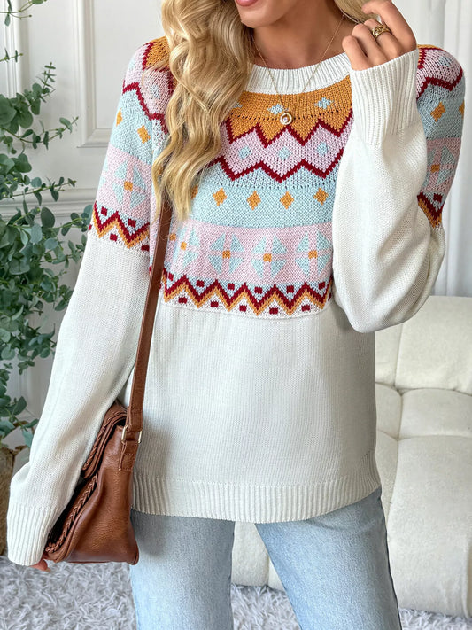 Contrast Round Neck Long Sleeve Sweater - Tigbul's Variety Fashion Shop