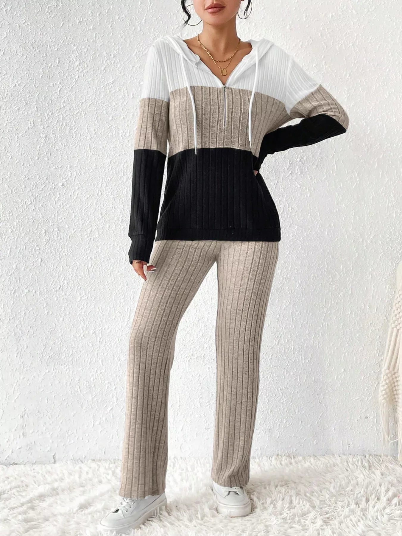Color Block Half Zip Hooded Top and Pants Set - Tigbul's Variety Fashion Shop