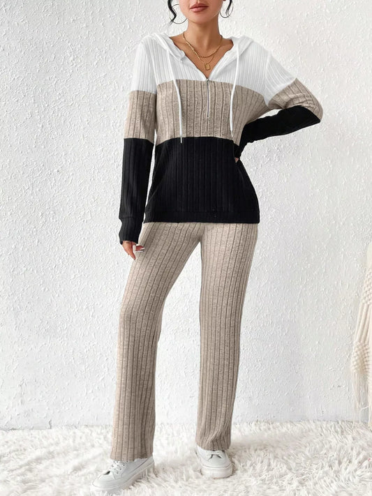Color Block Half Zip Hooded Top and Pants Set - Tigbul's Variety Fashion Shop