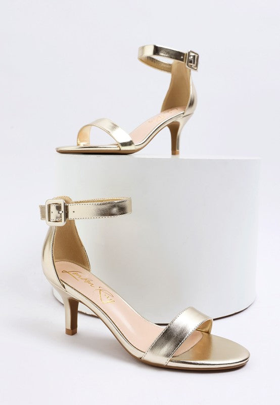Metallic gold ankle-strap kitten heel sandals with open round toe