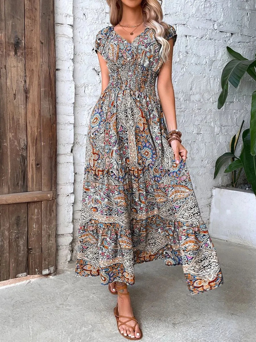 Plus Size Printed V-Neck Short Sleeve Midi Dress - Tigbul's Variety Fashion Shop