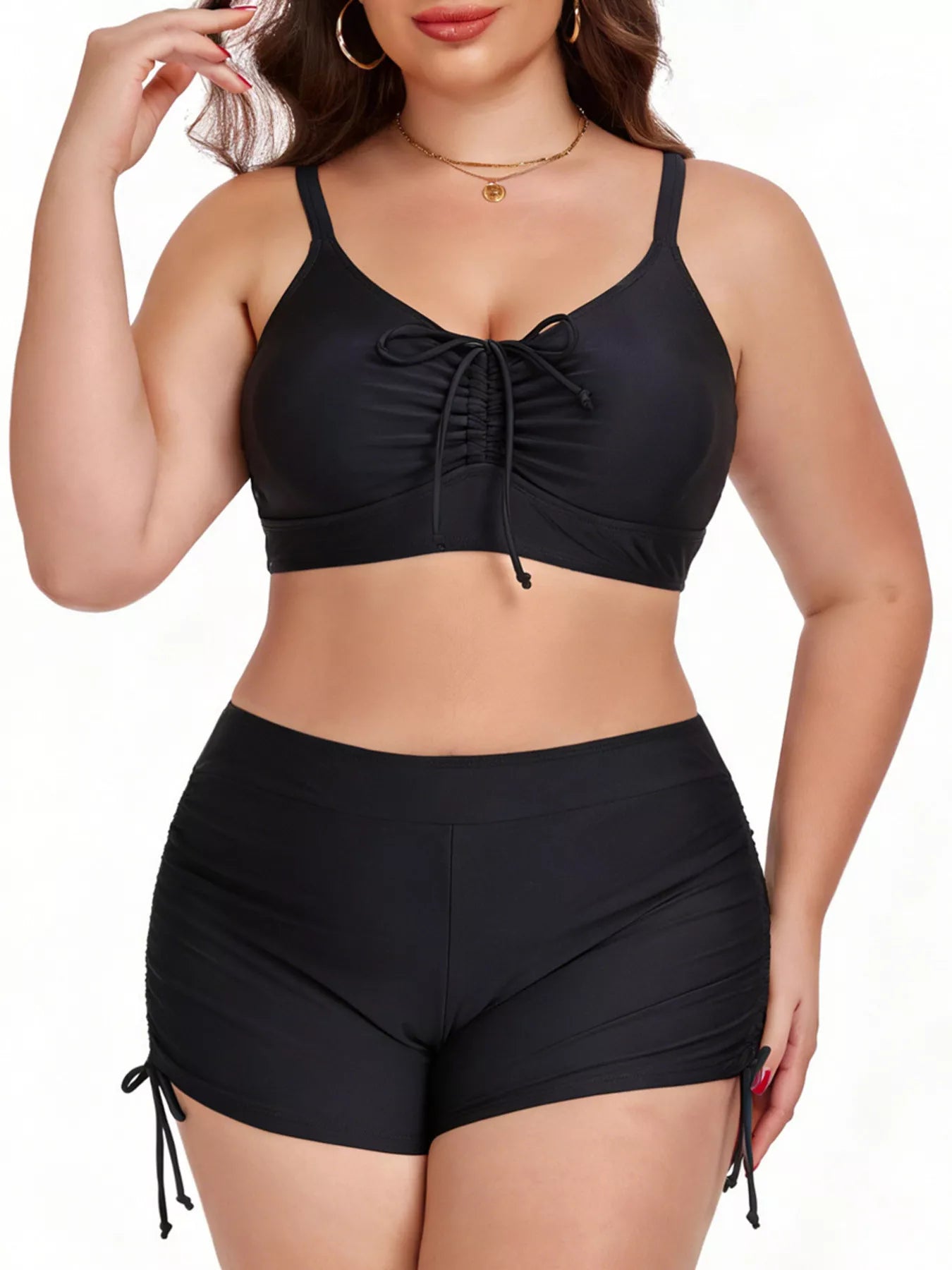 Black plus size ruched swim set: tie-front bralette and drawstring side swim shorts