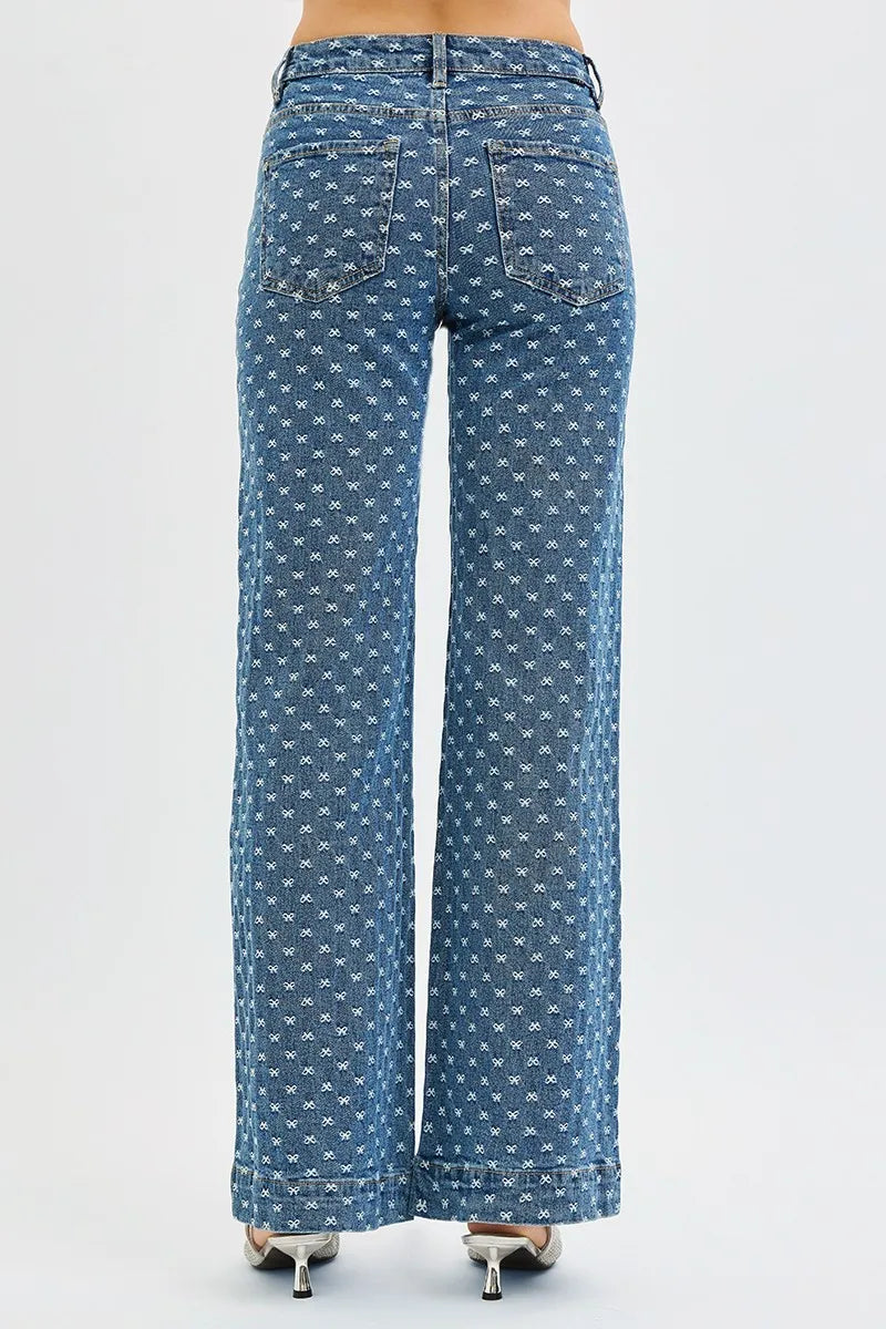 RISEN High Rise Wide Leg Bow Embroidered Jeans - Tigbul's Variety Fashion Shop