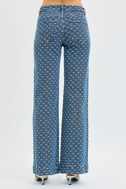 RISEN High Rise Wide Leg Bow Embroidered Jeans - Tigbul's Variety Fashion Shop